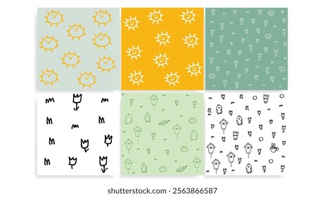 Doodle  Sun, Spring Flowers, birds Vector Seamless Pattern Set  