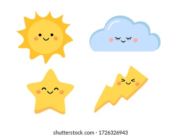 Icono Doodle sun, star, cloud y thunder aislado en ilustración vectorial de fondo blanco. Personaje de dibujos animados para los niños.