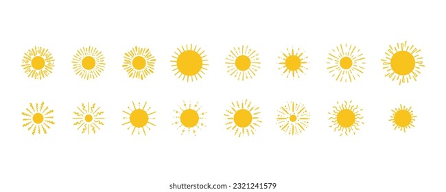 Doodle Sun. Gelbe Sommerkreise handgezeichnet Elemente. Monochrome Silhouetten für Emblem-Badge oder Logo-Design. Sonniges Wettersymbol. Kinderzeichnungen. Sonnenscheinobjekte, Vektorgrafik einzeln auf Symbolen