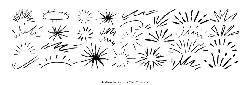Doodle sunburst, movement icons, comic expression elements. Crayon drawn sketch doodle explosive element. Cute emphasis expressions. Graphic sun beams, stars and fireworks. Bursting rays line icon set