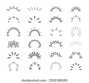 Doodle sunburst. Shine sunbursts, pop style sun rays. Manga emotional elements, surprise frames. Fireworks comic, sunbeams classy vector set
