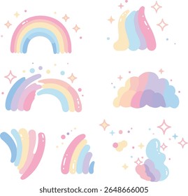 Ensemble d'illustrations Doodle sunburst scintillant. Designs d'éléments arc-en-ciel, scintillants et décoratifs
