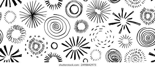 Doodle sunburst, spirals and fireworks seamless pattern. Crayon drawn funky sunburst, circular shapes. Playful vector seamless pattern in doodle geometric style. Childish doodles, scribble spirals.