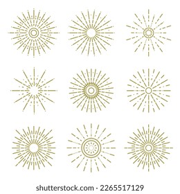 Doodle sunburst. Sunrise abstract elements, rising sun frames, sunlight hand drawn flat vector illustration set