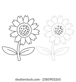 Doodle sunflower coloring pages for kids, kindergarten and preschool activity. Trace and color sunflower. Sunflower garden illustration. Sunflower clipart vector. 
