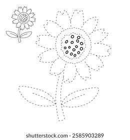 Doodle sunflower coloring pages for kids, kindergarten and preschool activity. Trace and color sunflower. Sunflower garden illustration. Sunflower clipart vector. 
