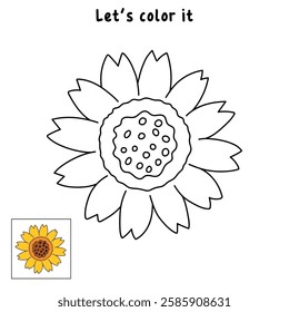 Doodle sunflower coloring pages for kids. Trace and color sunflower. Sunflower garden illustration. Worksheet for kindergarten and preschool activity. Sunflower clip art vector. 
