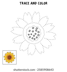 Doodle sunflower coloring pages for kids. Trace and color sunflower. Sunflower garden illustration. Worksheet for kindergarten and preschool activity. Sunflower clip art vector. 
