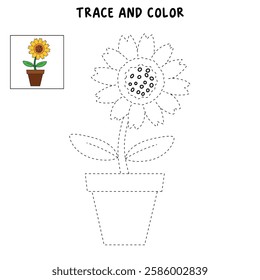 Doodle sunflower coloring pages for kids. Trace and color sunflower. Sunflower garden illustration. Sunflower worksheet for kindergarten and preschool activity.

