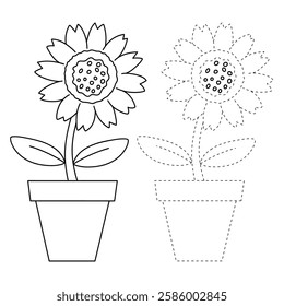 Doodle sunflower coloring pages for kids. Trace and color sunflower. Sunflower garden illustration. Sunflower worksheet for kindergarten and preschool activity.
