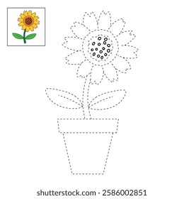 Doodle sunflower coloring pages for kids. Trace and color sunflower. Sunflower garden illustration. Sunflower worksheet for kindergarten and preschool activity.
