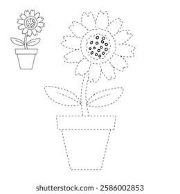 Doodle sunflower coloring pages for kids. Trace and color sunflower. Sunflower garden illustration. Sunflower worksheet for kindergarten and preschool activity.
