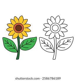 Doodle sunflower coloring pages for kids. Trace and color sunflower. Sunflower garden illustration. Flower tracing worksheet. Kindergarten and preschool activity. Sunflower clipart vector.