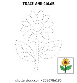 Doodle sunflower coloring pages for kids. Trace and color sunflower. Sunflower garden illustration. Flower tracing worksheet. Kindergarten and preschool activity. Sunflower clipart vector.