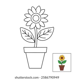 Doodle sunflower coloring pages for kids. Trace and color sunflower. Sunflower garden illustration. Flower tracing worksheet. Kindergarten and preschool activity.
