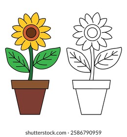 Doodle sunflower coloring pages for kids. Trace and color sunflower. Sunflower garden illustration. Flower tracing worksheet. Kindergarten and preschool activity.
