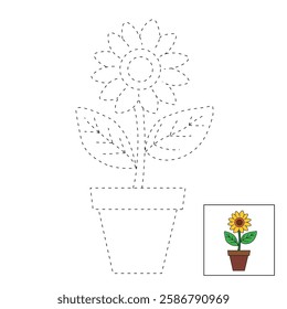 Doodle sunflower coloring pages for kids. Trace and color sunflower. Sunflower garden illustration. Flower tracing worksheet. Kindergarten and preschool activity.
