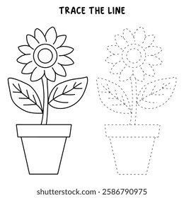 Doodle sunflower coloring pages for kids. Trace and color sunflower. Sunflower garden illustration. Flower tracing worksheet. Kindergarten and preschool activity.
