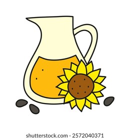 Doodle sunflower oil in glass jug isolated on white background. Vegetable fats. Healthy nutrition concept.