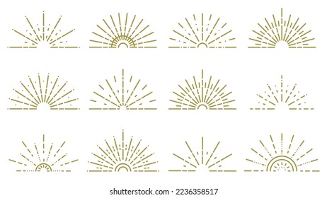 Doodle sunrise light elements. Outline sunburst, abstract rising sun frames, sunlight hand drawn flat vector symbols illustration set on white background.