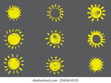 Doodle suns. Hand drawn, free hand, cartoon style, isolated, vector.