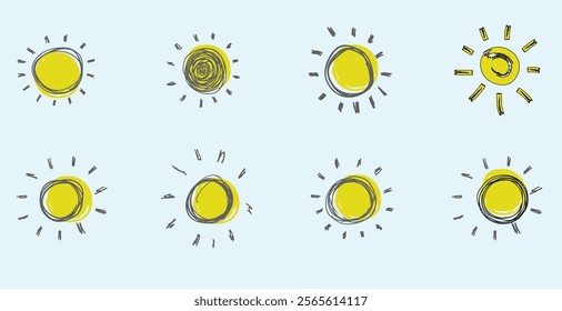 Doodle suns. Hand drawn, free hand, cartoon style, isolated, vector.