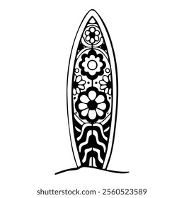 Doodle surfboard with intricate floral and abstract wave patterns. Hand drawn board with symmetrical design and bold artistic details.