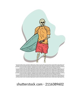 doodle surfing human skeleton. human skeleton character carrying surfboard