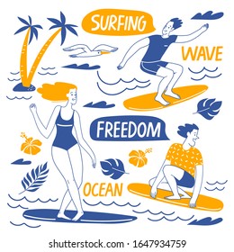 Doodle surfing life style summer infographic design vector set. Good for motivational nature ocen lifestyle card or poster 