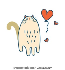 Doodle surprised cat and flying balloon. Perfect print for tee, stickers, poster. Isolated vector illustration for decor and design.


