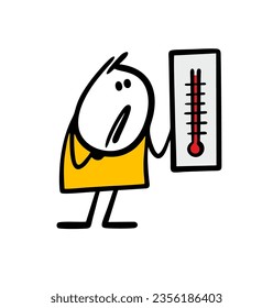 Doodle surprised stickman looks at the mercury thermometer and measures the temperature. Vector illustration of a weather forecaster high heat in summer. Person isolated on white background.