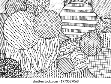 Doodle surreal fantasy circles coloring page for adults. Fantastic psychedelic graphic artwork. Vector hand drawn simple flat illustration.