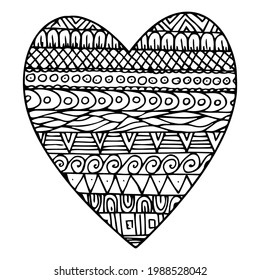 Doodle surreal fantasy heart with pattern coloring page for adults. seamless pattern Hand drawn simple illustration.