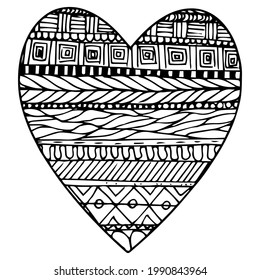 Doodle surreal fantasy heart with pattern coloring page for adults. Fantastic psychedelic graphic seamless pattern. Vector hand drawn simple flat illustration.