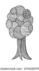 Doodle surreal fantasy soft round tree coloring page for adults. Fantastic psychedelic graphic artwork. Vector hand drawn simple flat illustration.