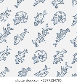 Doodle surrealistic sea monsters and beasts seamless pattern. Fantasy print for tee, paper, textile and fabric. Doodle vector illustration.
