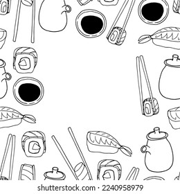Doodle sushi frame for restaurant menu, napkins, textile, decor background vector illustration