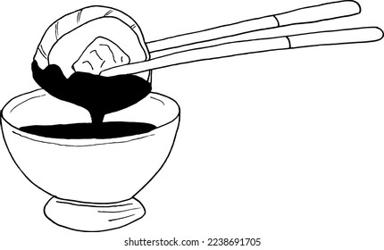 Doodle sushi outline illustration dipping maki roll in soy sauce with chopsticks asian food clipart