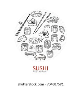 Doodle sushi restaurant and delivery design template. Asian food composition. Vector illustration