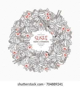 Doodle sushi restaurant and delivery design template. Asian food composition. Vector illustration