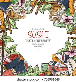 Doodle sushi restaurant menu design template. Engrave asian food frame. Vector illustration