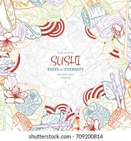 Doodle sushi restaurant menu design template. Engrave asian food frame. Vector illustration