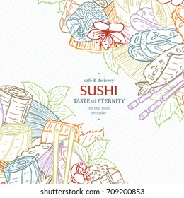 Doodle sushi restaurant menu design template. Engrave asian food frame. Vector illustration