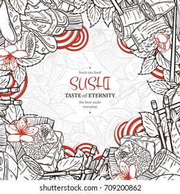 Doodle sushi restaurant menu design template. Engrave asian food frame. Vector illustration