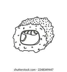 doodle sushi roll with sesame, japanese food. roll cartoon style icon. Sushi isolated on white background. Vector cartoon sushi. logo, icon. Hand draw style sushi rolls. asian food