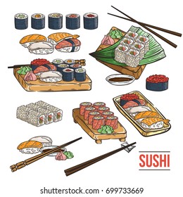 Doodle sushi and rolls on wood. Japanese traditional cuisine dishes set. Vector illustration for asian restaurant menu.