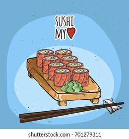 Doodle sushi and rolls on wood. Japanese traditional cuisine dishes illustration. Vector image for asian restaurant menu.