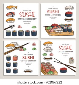 Doodle sushi and rolls on wood. Japanese traditional cuisine dishes illustration. Vector cards collection for asian restaurant menu.