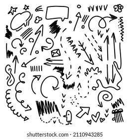 Doodle Swash Black Thin Line Set Include of Heart, Stroke, Circle and Arrow Sign. Vector illustration