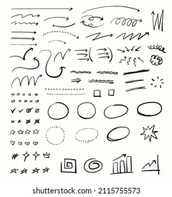 Doodle swash black thin line arrow, circle, stroke set sign. hand drawn vector illustration